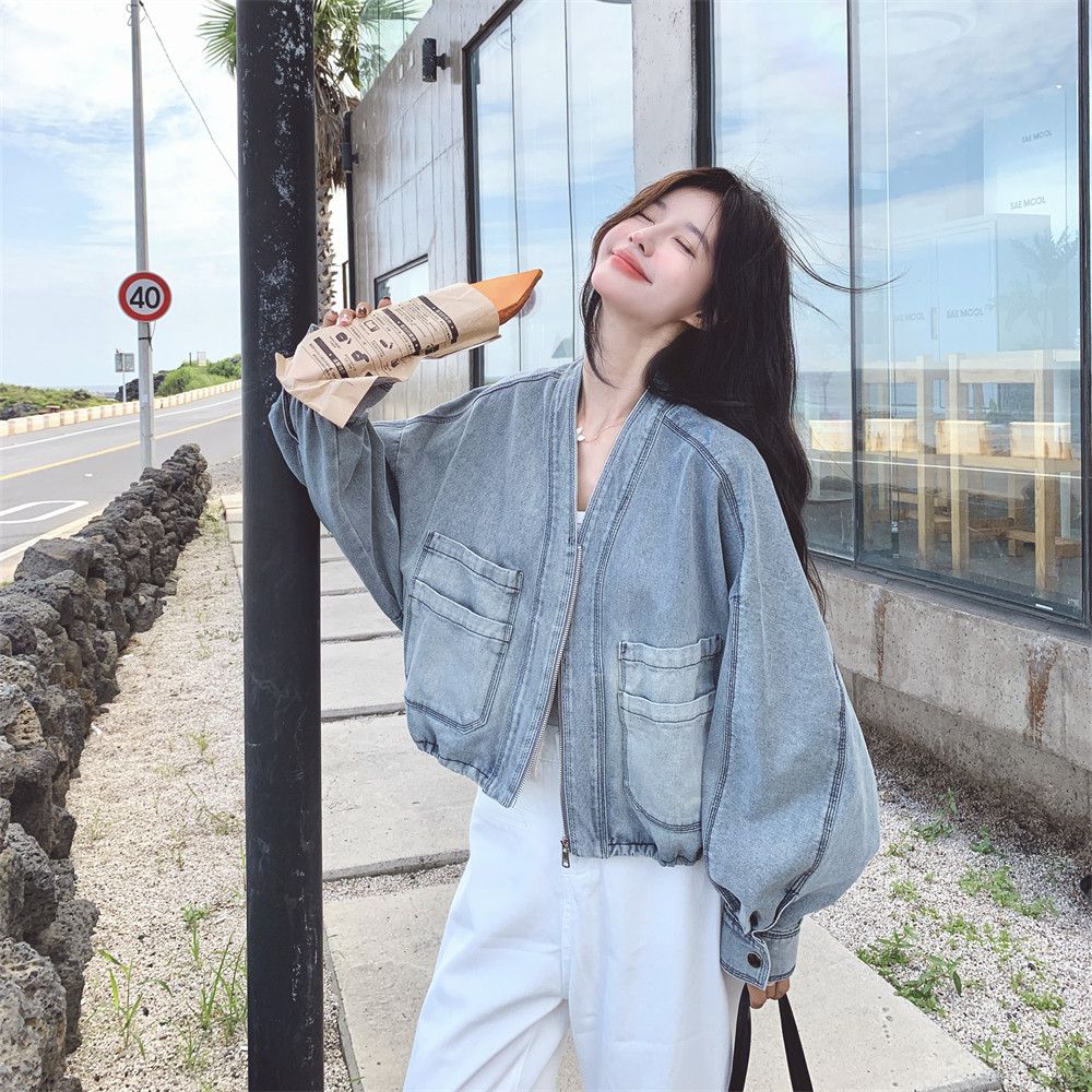 BY36795# 牛仔面料春秋新款休闲复古减龄V领牛仔短外套女潮  服裝批發女裝批發服飾貨源