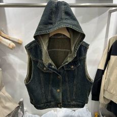 批发牛仔面料 春<b class='q'>夏</b>小个子短款无袖坎肩马甲连帽牛仔外套