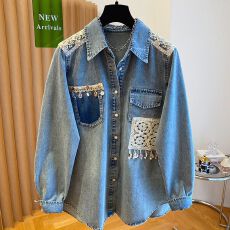 批发牛仔面料 春<b class='q'>秋</b>新款蕾丝拼接衬衫复古牛仔外套潮