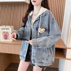 批发牛仔面料 <b class='q'>春</b>秋薄款假两件立体小熊装饰连帽牛仔外套