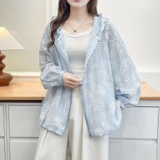 批发原版面料 <b class='q'>夏</b>季新款时尚刺绣镂空连帽防晒衬衫外套
