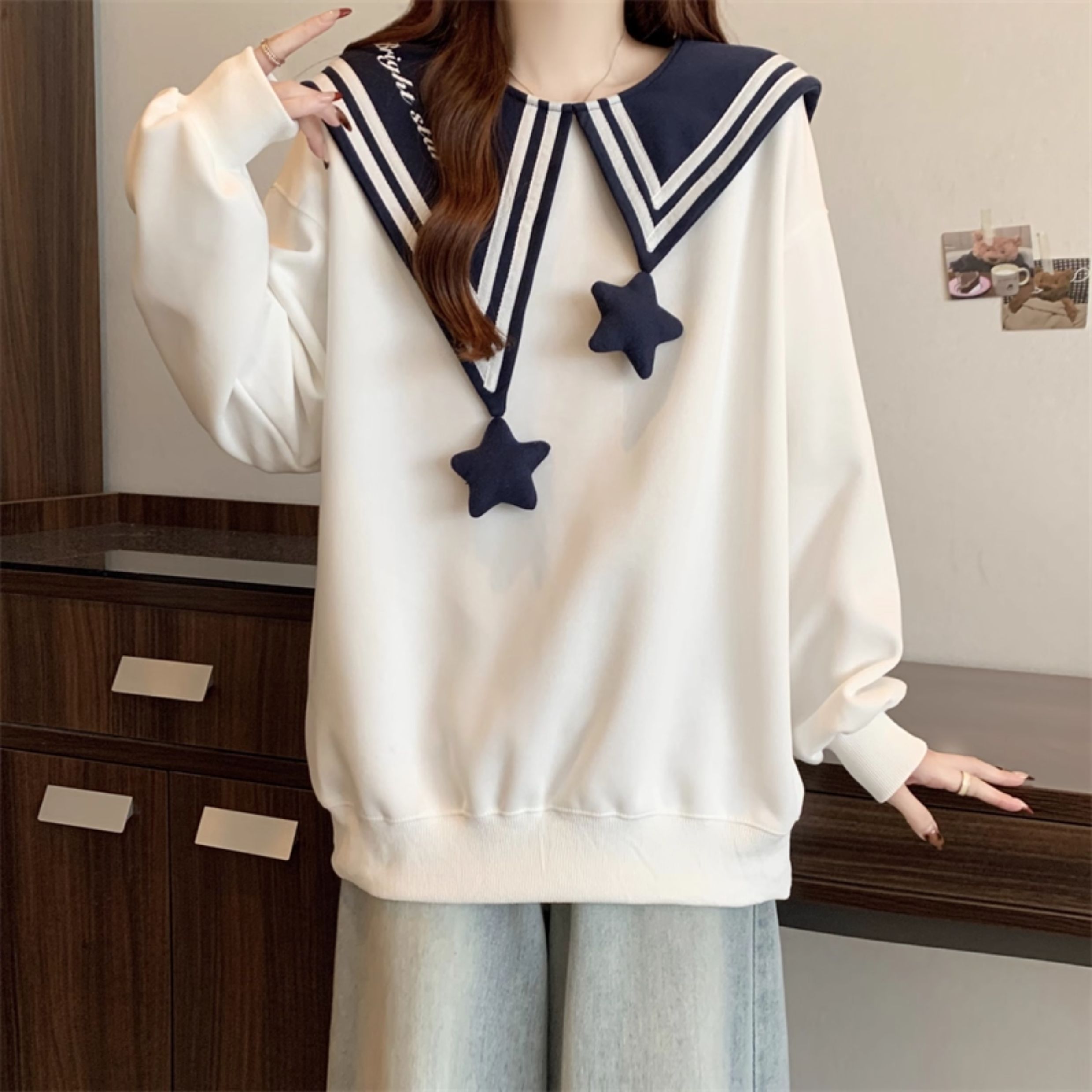 BY36768# 纯棉华棉复合春秋薄款大码300斤学院风海军领卫衣女  服裝批發女裝批發服飾貨源
