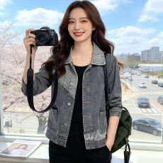 批发牛仔面料  春秋复古条纹拼接翻领牛仔短外套女