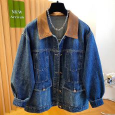 批发牛仔面料 春秋季复古撞色宽松牛仔外套潮
