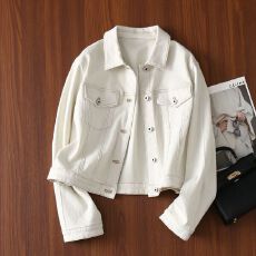 批发牛仔面料  春秋季时尚通勤温柔奶白翻领牛仔短外套