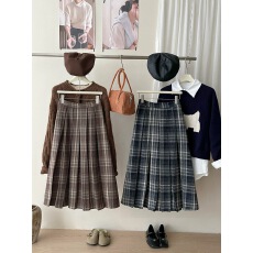 批发日韩系复古羊毛呢料格纹百褶半身裙女秋冬洋气休闲大摆a字伞裙子