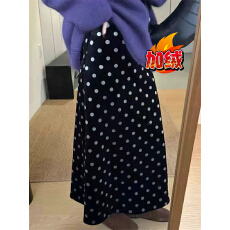 批发黑色波点松紧高腰金丝绒加绒半身裙女<b class='q'>冬</b>季时尚洋气a字显瘦中长裙