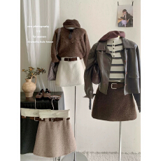 批发米色复古软糯毛绒绒宽耳仔半身裙女冬气质仿羊羔毛呢高腰a字短裙