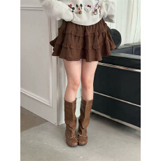 批发高腰荷叶边蛋糕裙女秋冬小个子减龄百搭A字半身裙灯芯绒<b class='q'>短裙</b>伞裙