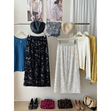 批发法式洋气质重工钉珠亮片丝绒半身裙女秋冬miu系包臀闪闪a字直筒裙