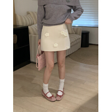 批发韩系学院风气质甜美立体花朵设计感高腰修身显瘦百搭减龄半身裙