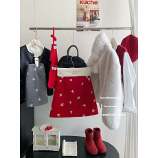 批发设计感蝴蝶结刺绣红色<b class='q'>半身裙</b>女秋冬款小个子高腰A字包臀毛呢<b class='q'>短裙</b>