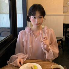 Moby 恋爱序章 法式甜美木耳边荷叶领花瓣钉珠衬衫女早秋长袖上衣