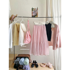 批发法式甜美不规则褶皱网纱半身裙女春中长简约垂感超仙A字大摆伞裙