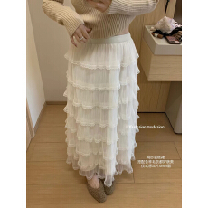 批发温柔风拼接网纱层层蛋糕半身裙女春季法式松紧腰遮胯显瘦A字长裙