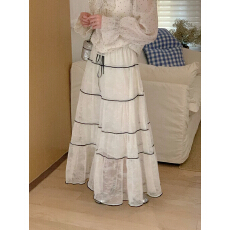 批发法式气质蕾丝拼接松紧腰半身裙女春季新款大裙摆中长款<b class='q'>百搭</b>裙子