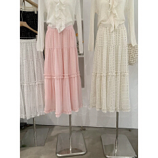 批发2026春季新款韩系ins甜美气质<b class='q'>百搭</b>木耳边波点蛋糕裙高腰中长裙女