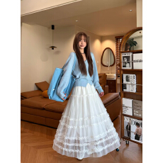 批发超仙米白色木耳花边中长款<b class='q'>半身</b>裙女春2026新款显瘦垂感蛋糕裙纱裙