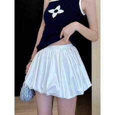 批发高级感缎面a字短裙女夏季松紧腰仙女半身裙小个子公主蓬蓬花苞裙