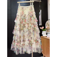 批发欧美跨境亚马逊重工拼接印花网纱蛋糕裙半身裙女新款碎花蓬蓬长裙