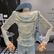 批发<b class='q'>韩版</b>气质纯欲风复古扎染设计感褶皱收腰显瘦百搭不规则别致上衣