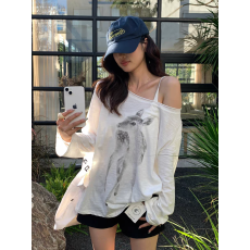 批发韩系慵懒风白色印花长袖t恤女2026春夏新款<b class='q'>宽松</b>外搭防晒罩衫<b class='q'>上衣</b>