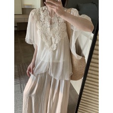 批发法式蕾丝拼接V领<b class='q'>短袖</b>雪纺<b class='q'>衬衫女</b>夏季大码胖mm内搭吊带两件套上衣