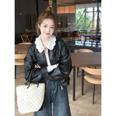 批发韩系蕾丝娃娃领黑色皮衣外套女2025秋季新款休闲气质短款夹克上衣