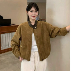 批发2025秋季新款BUFAN 时尚休闲百搭鹿皮绒拼接立领<b class='q'>夹克</b>外套上衣女