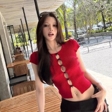 批发【已出货】【反叛甜心】短袖针织衫女春红色镂空短款辣妹打底上衣