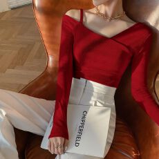 批发斜领性感辣妹露肩上衣女2026春秋新款设计感紧身漏锁骨内搭<b class='q'>打底衫</b>