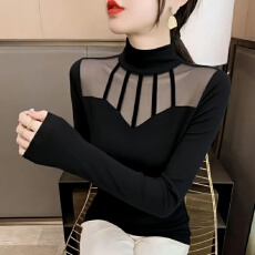 批发韩版洋气半高领打底衫女2026春秋新款内搭修身镂空<b class='q'>网纱</b>设计感<b class='q'>上衣</b>