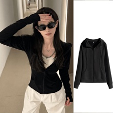 批发修身连帽上衣女2026年春秋新款显瘦百搭设计感小个子纯色长袖ins
