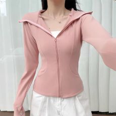 批发修身韩版洋气上衣女2026春秋新款正肩收腰显瘦瑜伽服连帽长袖ins