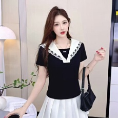 2026夏季新款海军领设计感拼接蕾丝短袖T恤显瘦减龄气质时髦上衣