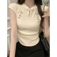 批发新中式国<b class='q'>风</b>盘扣短袖T恤女2026年夏季新款刺绣修身气质短款上衣女