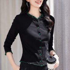 批发撞色纽扣长袖T恤2026春秋新款荷叶领显瘦<b class='q'>开衫</b>别致小个子气质上衣