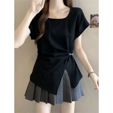 批发韩版洋气设计感皮带正肩短袖T恤女2026夏季新款百搭独特别致上衣