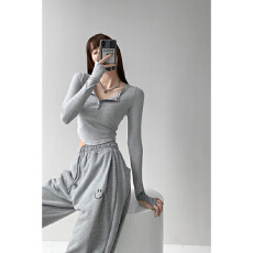 批发冰丝螺纹官图<b class='q'>T</b><b class='q'>恤</b>女上衣美式修身显瘦<b class='q'>长袖</b>打底衫女v领排扣露腰短款
