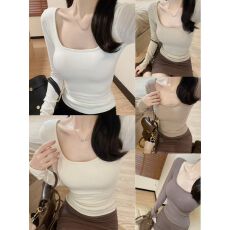 批发法式方领露锁骨修身打底上衣女秋冬款简约磨毛内搭带胸垫长袖<b class='q'>T</b><b class='q'>恤</b>