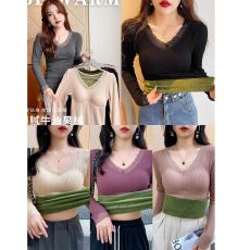 批发蕾丝v领打底衫女秋冬季带胸垫修身德绒保暖皮草内搭加绒加厚上衣