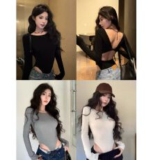 批发<b class='q'>欧美</b>ins风圆领露腰连体上衣女秋冬内搭磨毛修身长袖<b class='q'>T</b><b class='q'>恤</b>甜辣打底衫