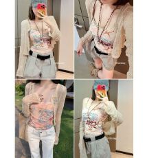 批发设计辣妹网纱印花吊带两件套上衣秋季纯欲涂鸦印花<b class='q'>背心</b>女开衫外穿