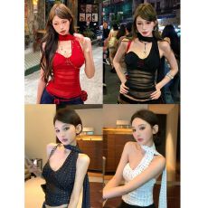 批发初秋<b class='q'>新款</b>辣妹网纱围脖飘带抹胸背心修身十字架烫钻固定带胸垫上衣