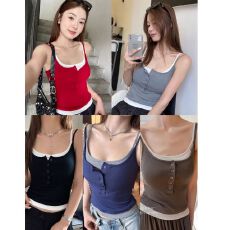 批发美式辣妹假两件撞色背心女圆领显锁骨一体式带胸垫工字吊带<b class='q'>上衣</b>