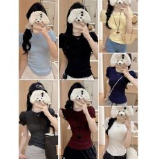 批发秋季新款甜美荷花袖正肩圆领<b class='q'>短袖</b>T恤女修身一体式带胸垫百搭上衣