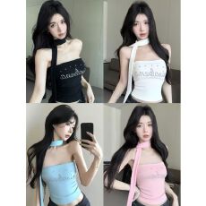 批发纯欲一字围<b class='q'>秋</b>季新款字母烫钻围脖抹胸修身固定带胸垫显瘦百搭上衣