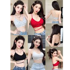 批发纯欲风秋季新款性感V领波点印花裹胸美背交叉绑带设计固定带胸垫