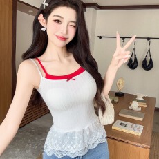 批发美式假两件<b class='q'>蕾丝</b>拼接裙摆吊带背心女秋外穿新款蝴蝶结撞色无袖上衣