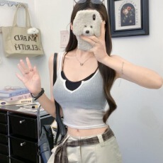 批发纯欲撞色交叉内搭小吊带女天丝透视开衫领<b class='q'>背心</b>修身真两件美背套装